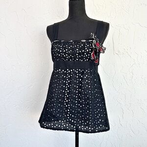 Vintage Y2K Black White Eyelet Polkadot Square Neck Babydoll Tank Top Medium